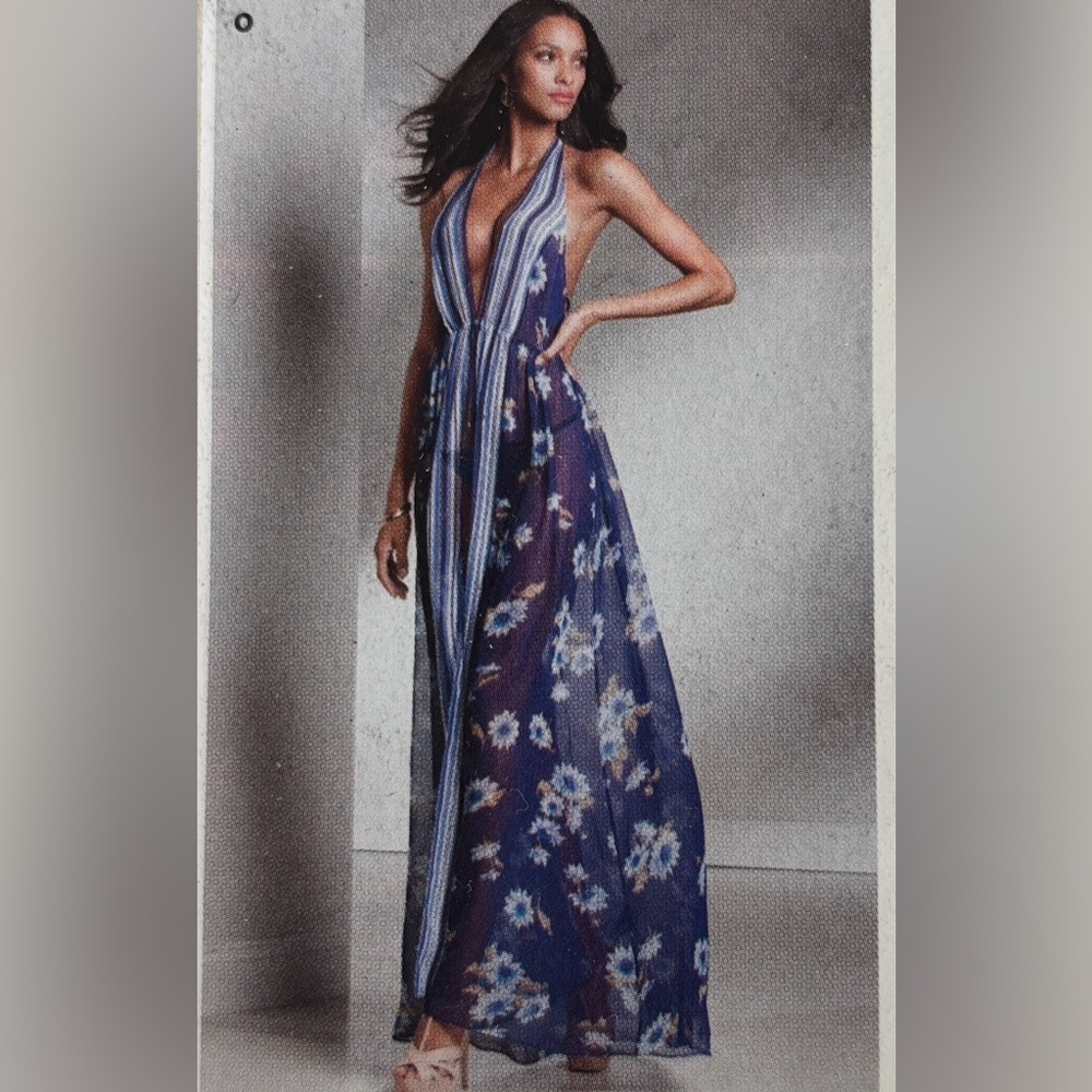 Victoria's Secret Chiffon Gown in Blue Daisy Stripe - NWTags
